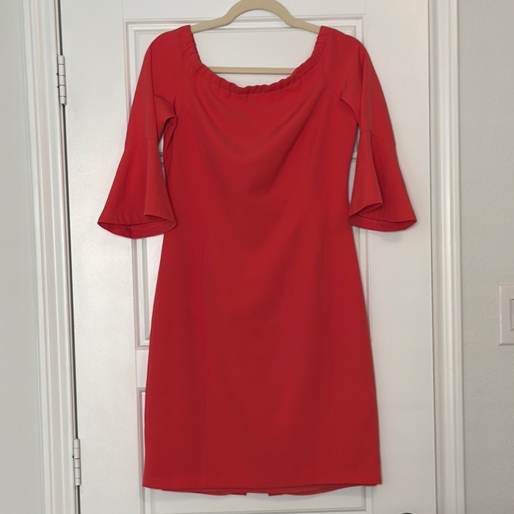 Yoana Baraschi Coral Pink Sheath Dress with Bell Sleeves